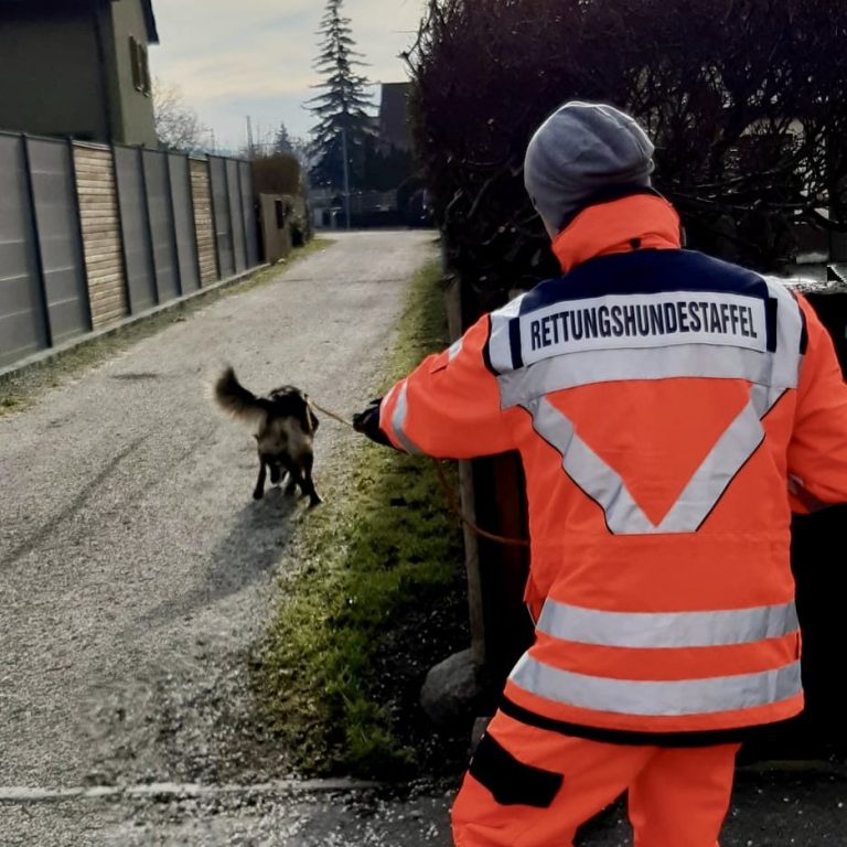 Mantrailing Ein Mensch in orangefarbener Warnkleidung mit seinem Hund auf einem Gehweg.